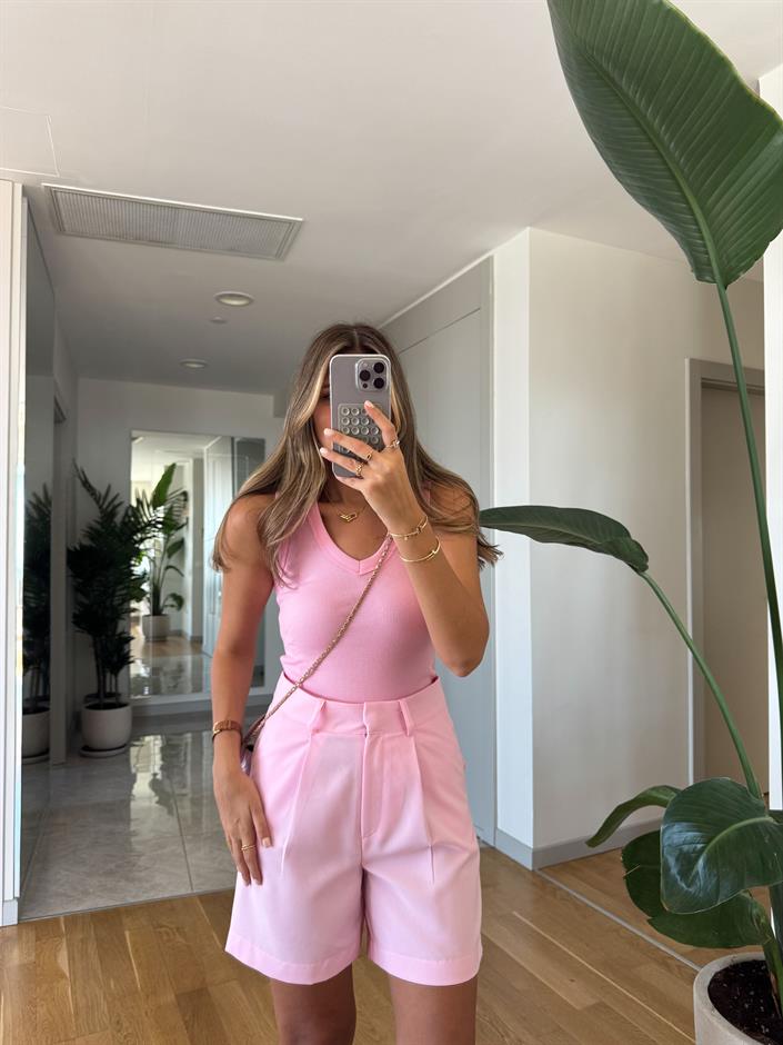 V Yaka Sıfır Kol Badi - Şeker Pembe