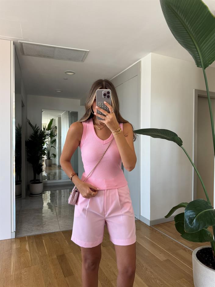 V Yaka Sıfır Kol Badi - Şeker Pembe