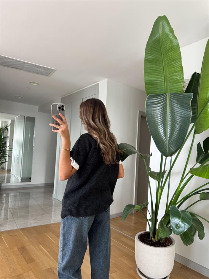 V yaka Triko Süveter - Antrasit 