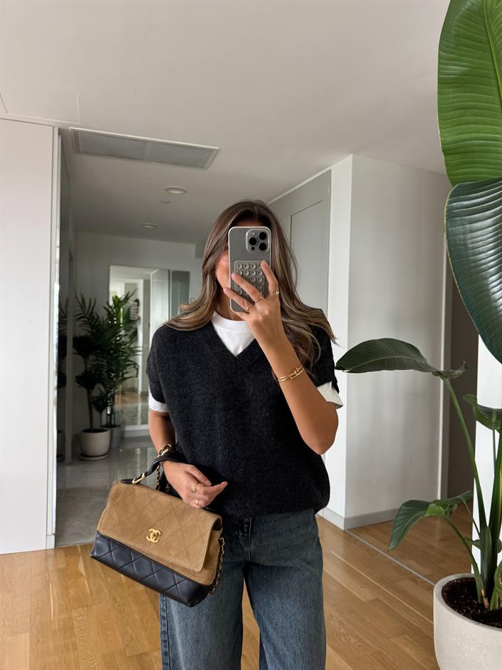 V yaka Triko Süveter - Antrasit 