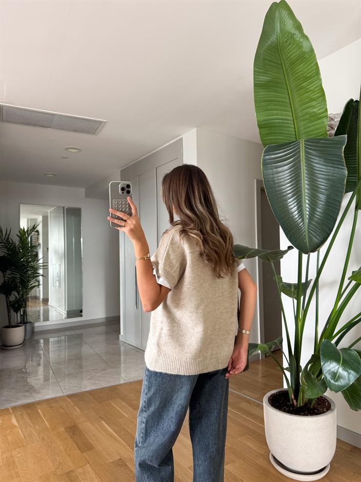 V yaka Triko Süveter - Bej