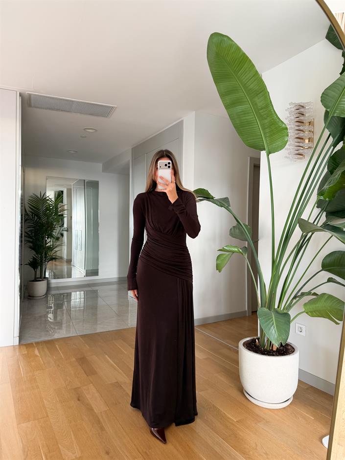 Vatkalı Beli Drape Detaylı Elbise - Kahve