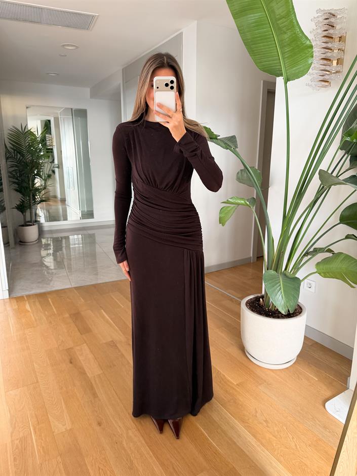 Vatkalı Beli Drape Detaylı Elbise - Kahve