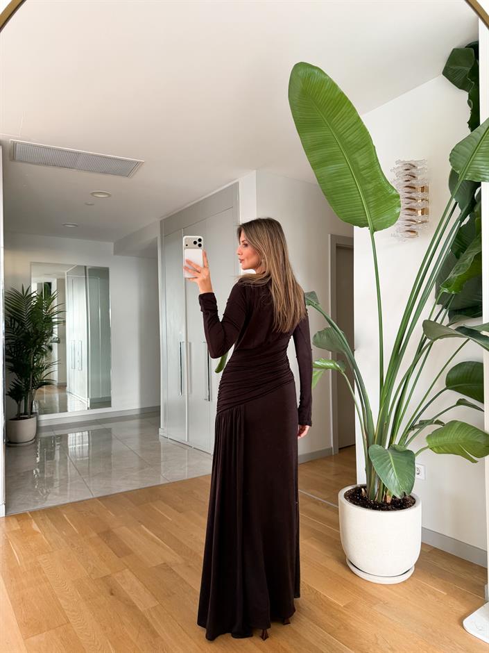 Vatkalı Beli Drape Detaylı Elbise - Kahve