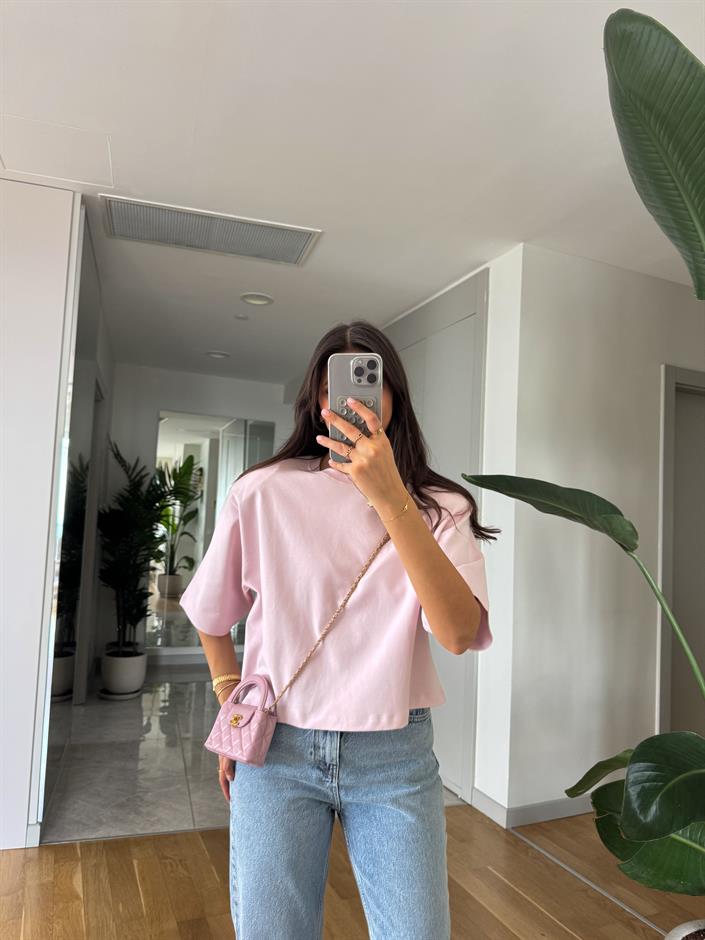 Vatkalı Geniş Kol T Tişört-Pembe