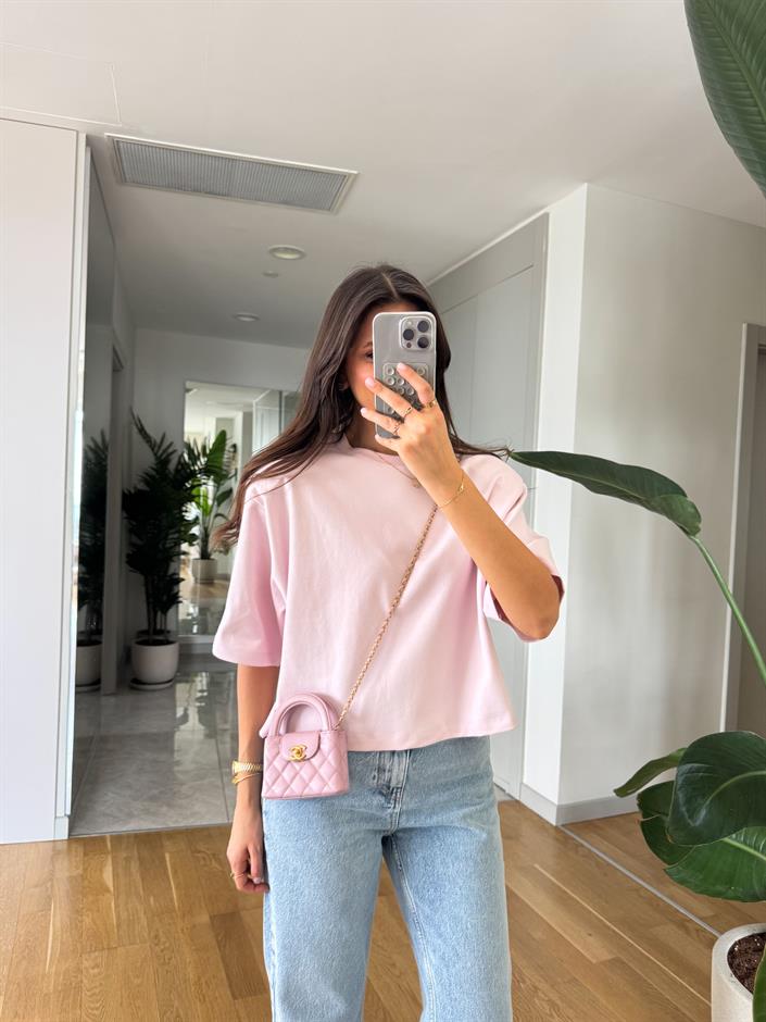 Vatkalı Geniş Kol T Tişört-Pembe