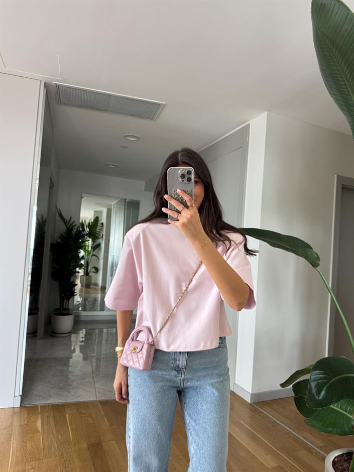 Vatkalı Geniş Kol T Tişört-Pembe
