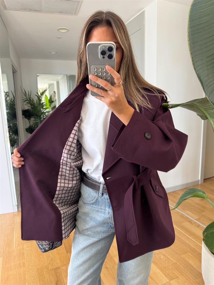 Vatkalı Kareli Astarlı Trençkot - Mürdüm