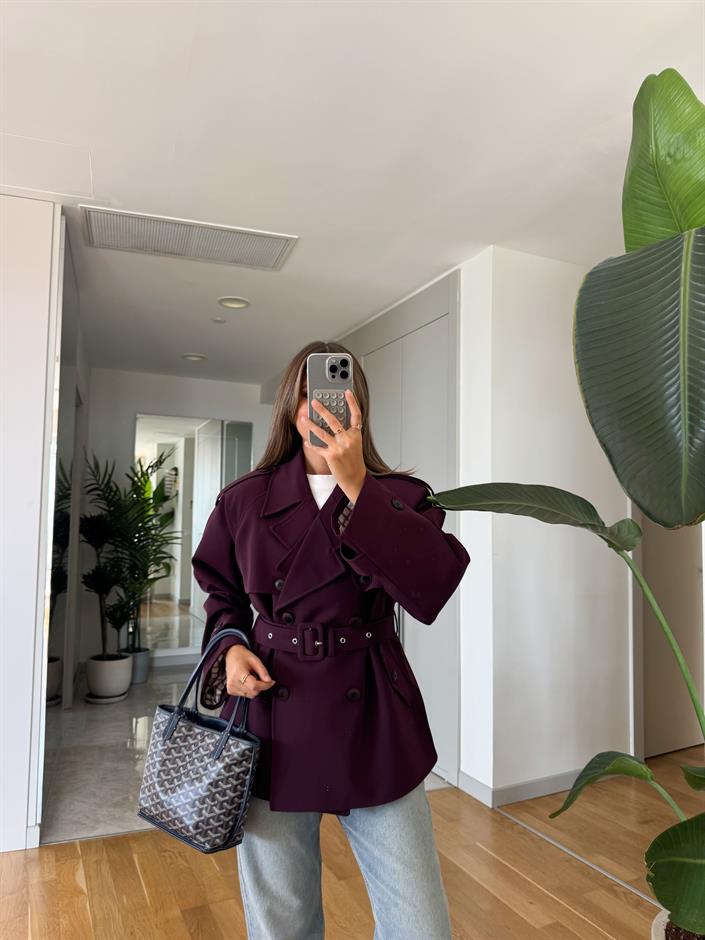 Vatkalı Kareli Astarlı Trençkot - Mürdüm