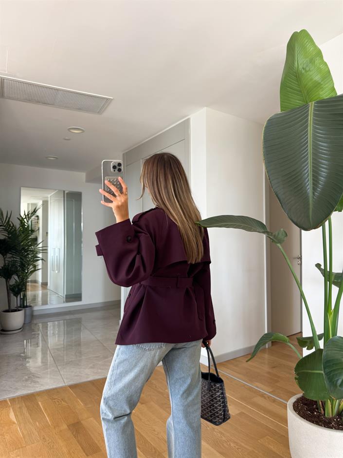 Vatkalı Kareli Astarlı Trençkot - Mürdüm