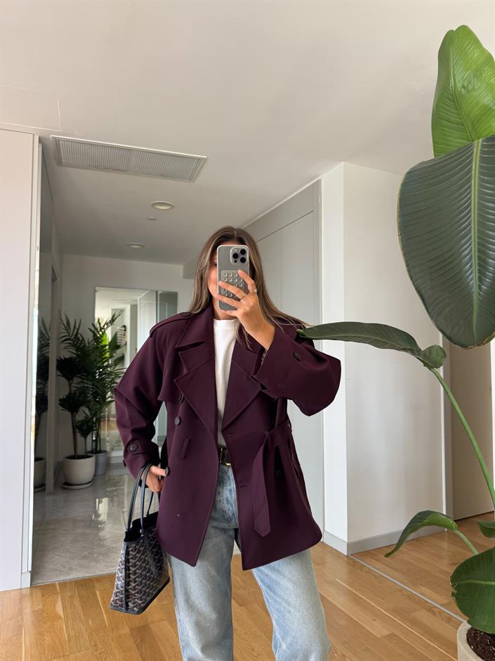 Vatkalı Kareli Astarlı Trençkot - Mürdüm