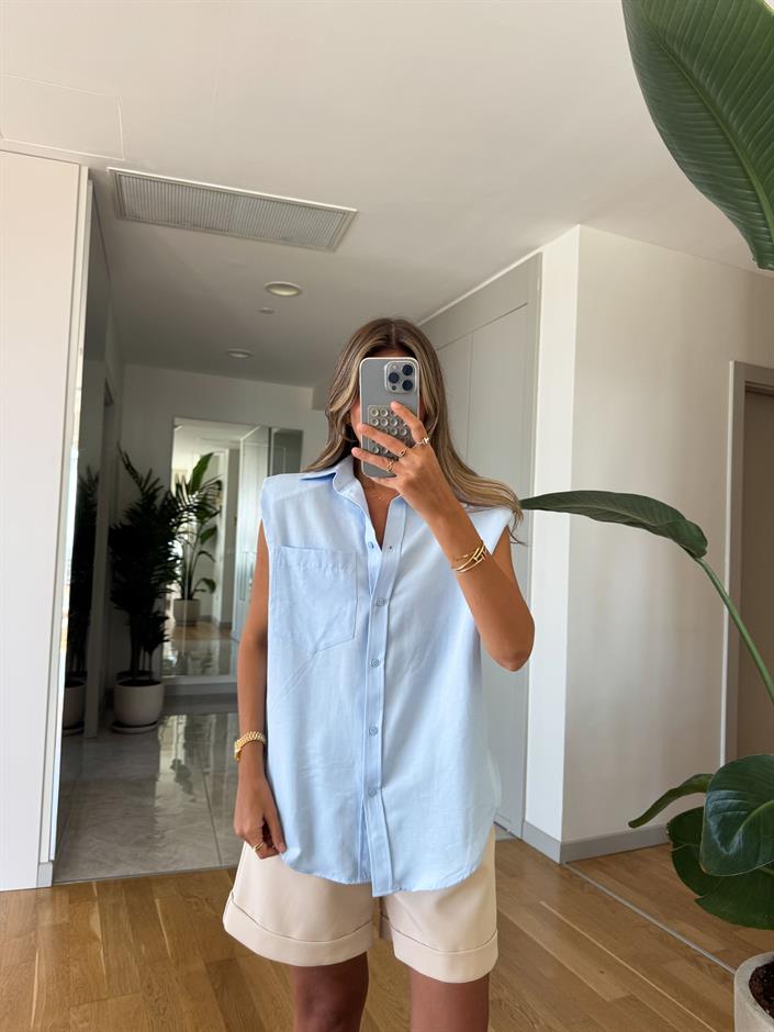 Vatkalı Kolsuz Gömlek - Mavi