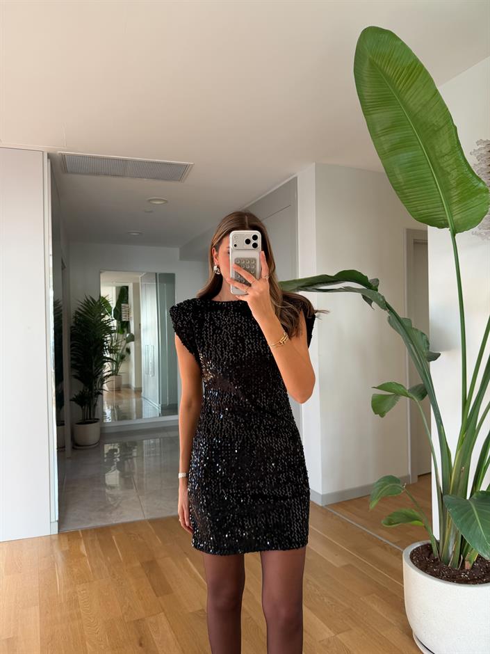 Vatkalı Pullu Mini Elbise - Siyah