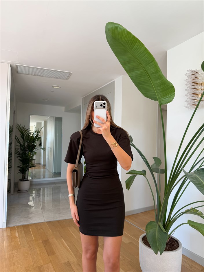 Vatkalı Yanları Büzgülü Basic Elbise - Kahve