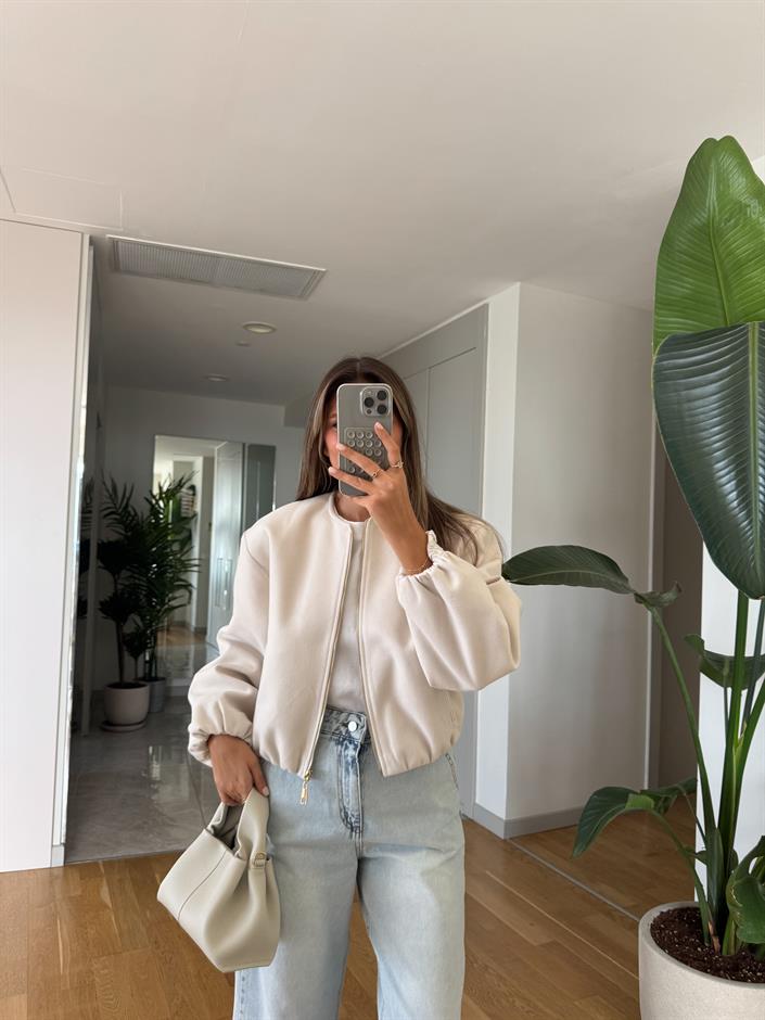 Venice Fermuarlı Kaşe Bomber Ceket - Ekru