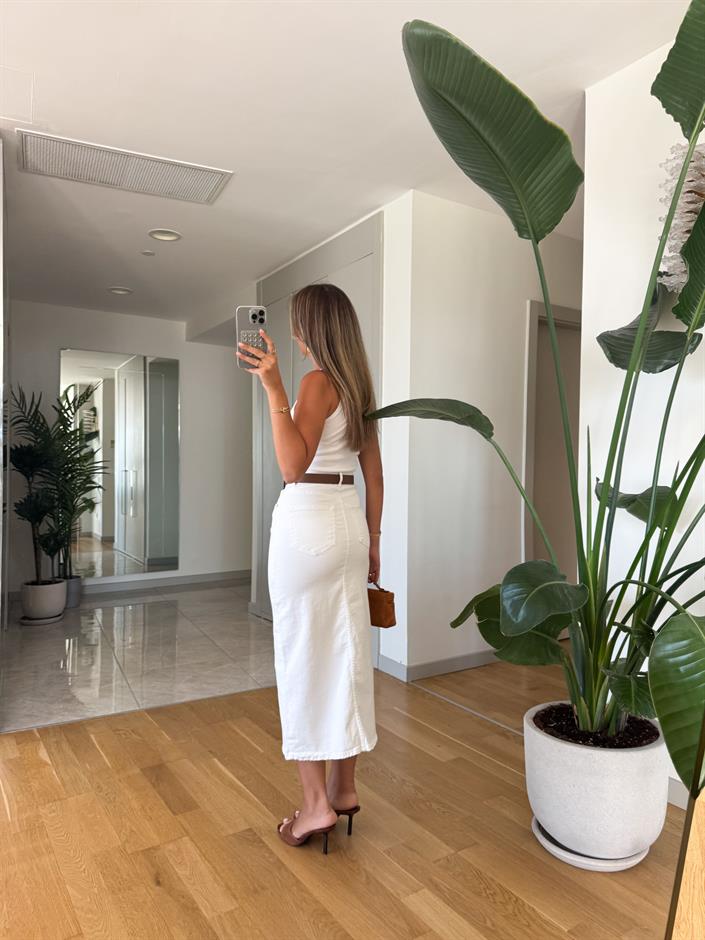 Victoria Kemerli Yırtmaçlı Denim Etek - Ekru