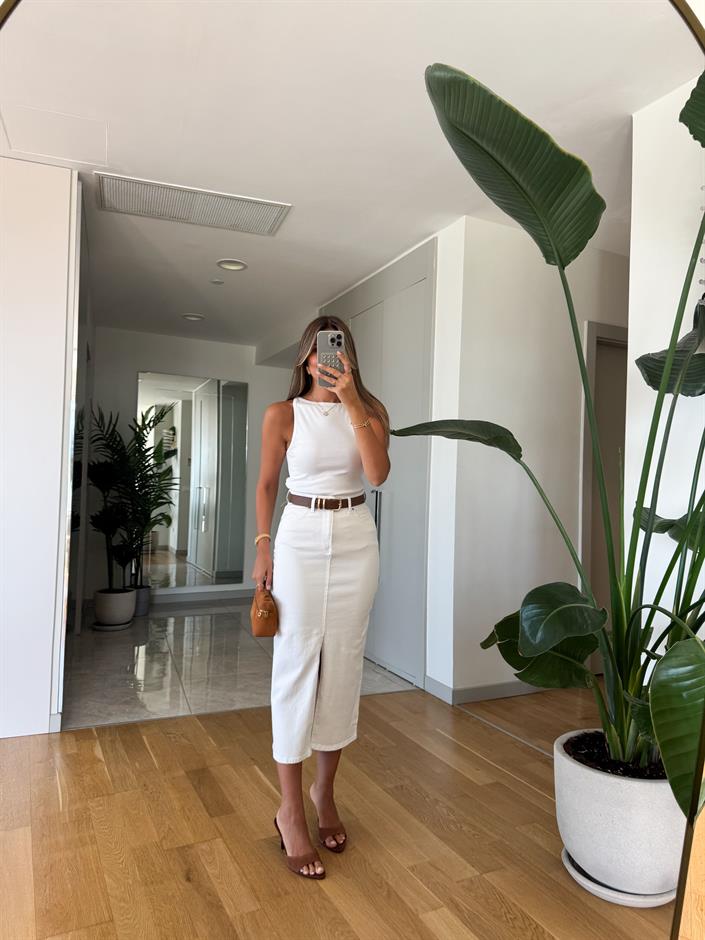 Victoria Kemerli Yırtmaçlı Denim Etek - Ekru