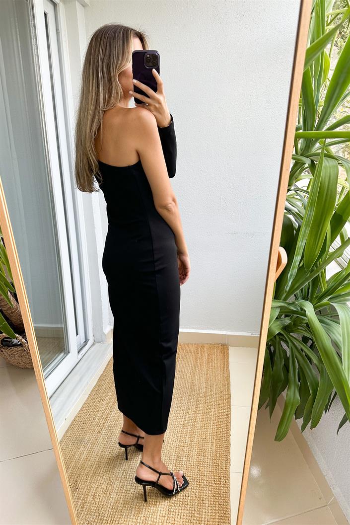 Villa Tek Kol Midi Elbise - Siyah