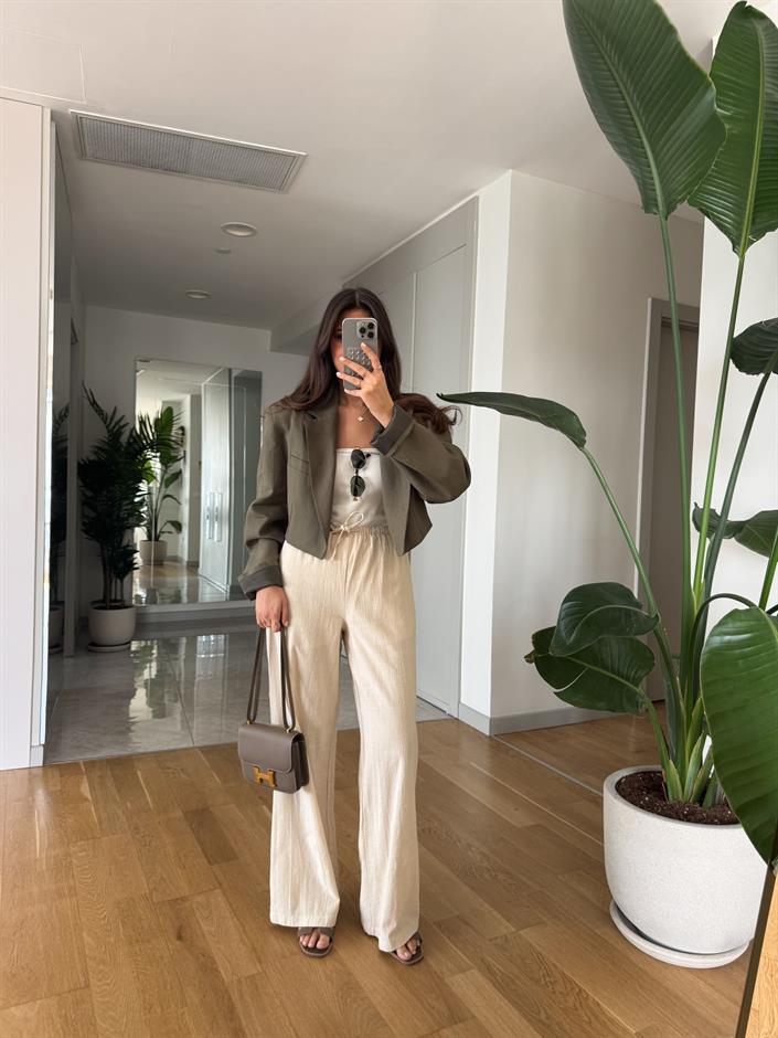 Vispy Keten Görümlü Pantolon-Taş