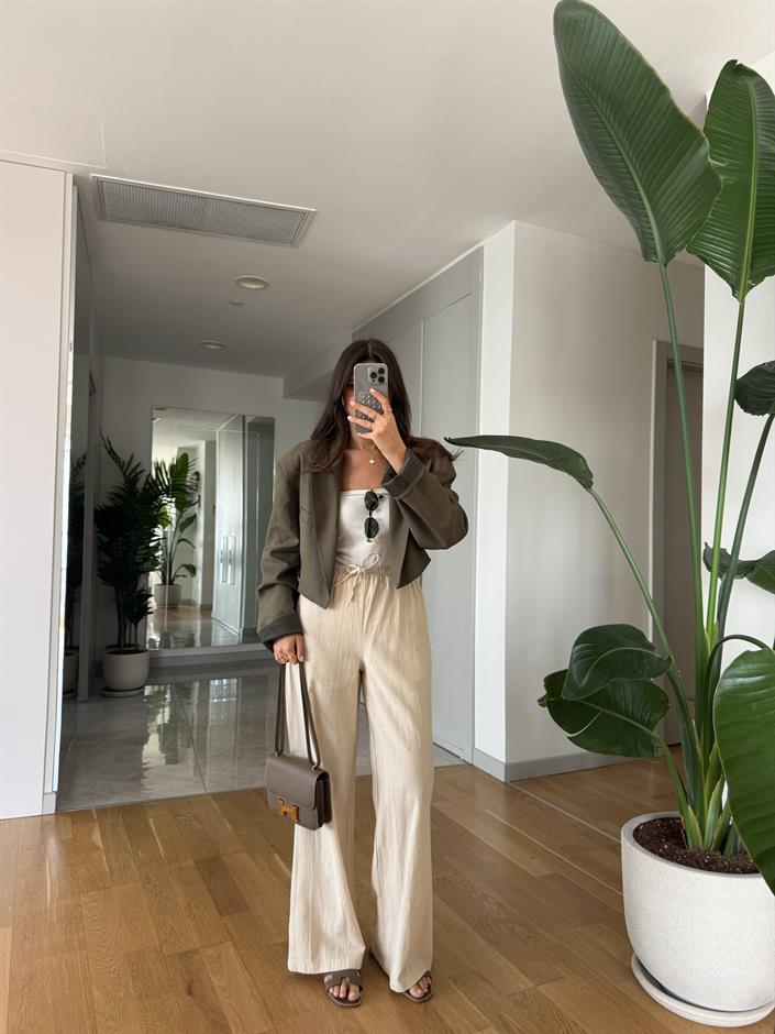 Vispy Keten Görümlü Pantolon-Taş