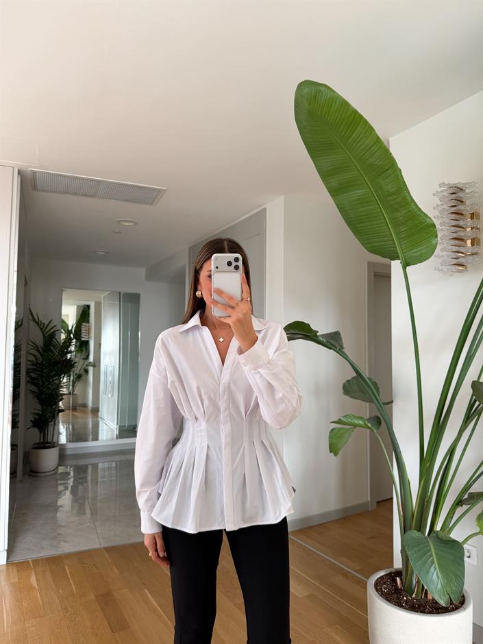 Walker Beli Pileli Poplin Gömlek - Beyaz