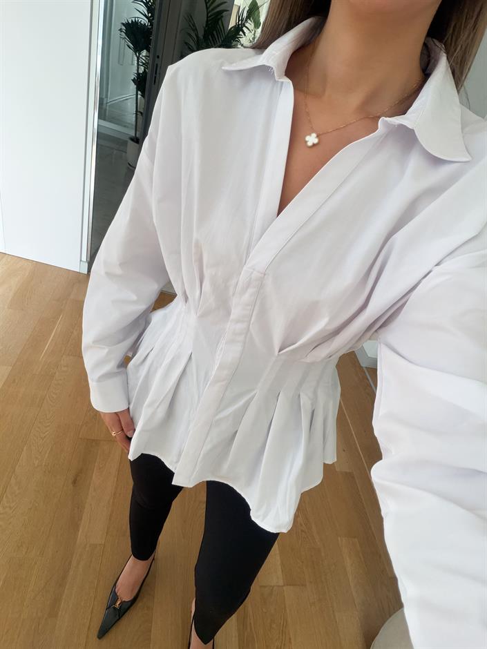 Walker Beli Pileli Poplin Gömlek - Beyaz