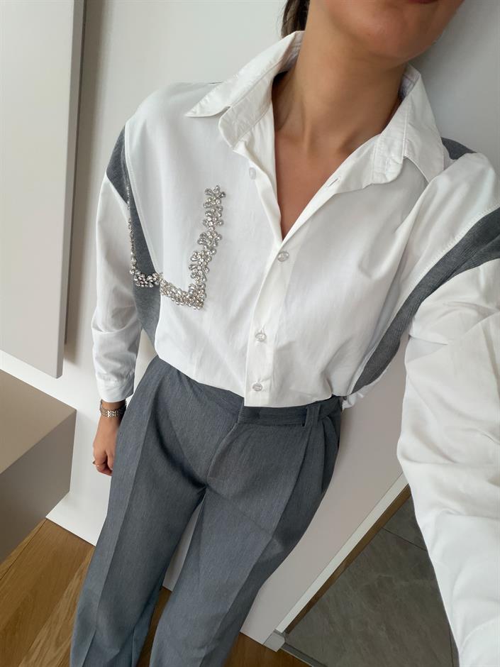 Wheaton Taşlı Triko Detaylı Gömlek - Ekru