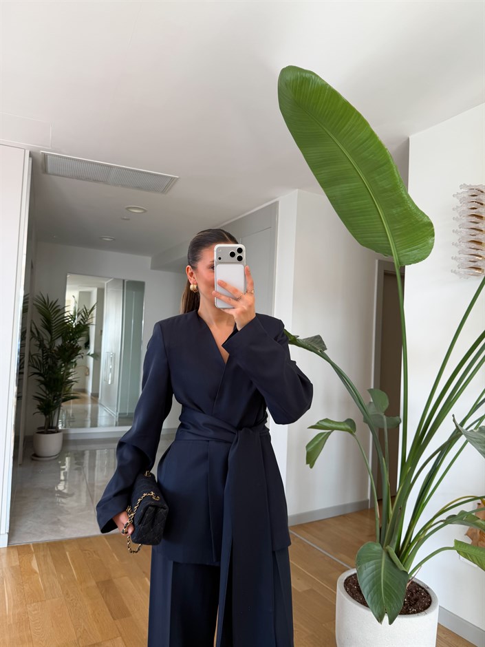 Premium Kuşaklı Blazer Takım - Lacivert