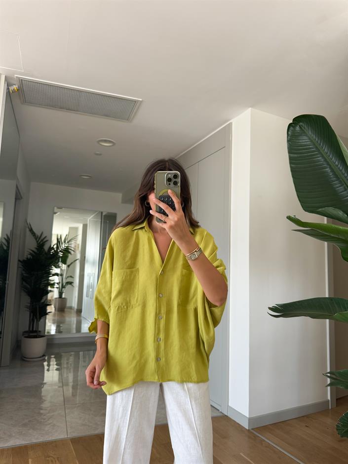 Yağ Yeşili Yarasa Kol Oversize Gömlek
