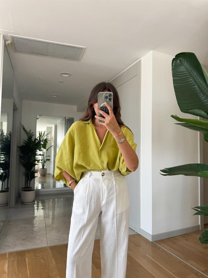 Yağ Yeşili Yarasa Kol Oversize Gömlek
