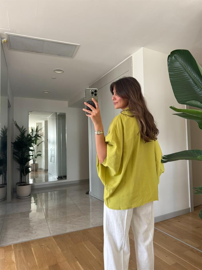 Yağ Yeşili Yarasa Kol Oversize Gömlek