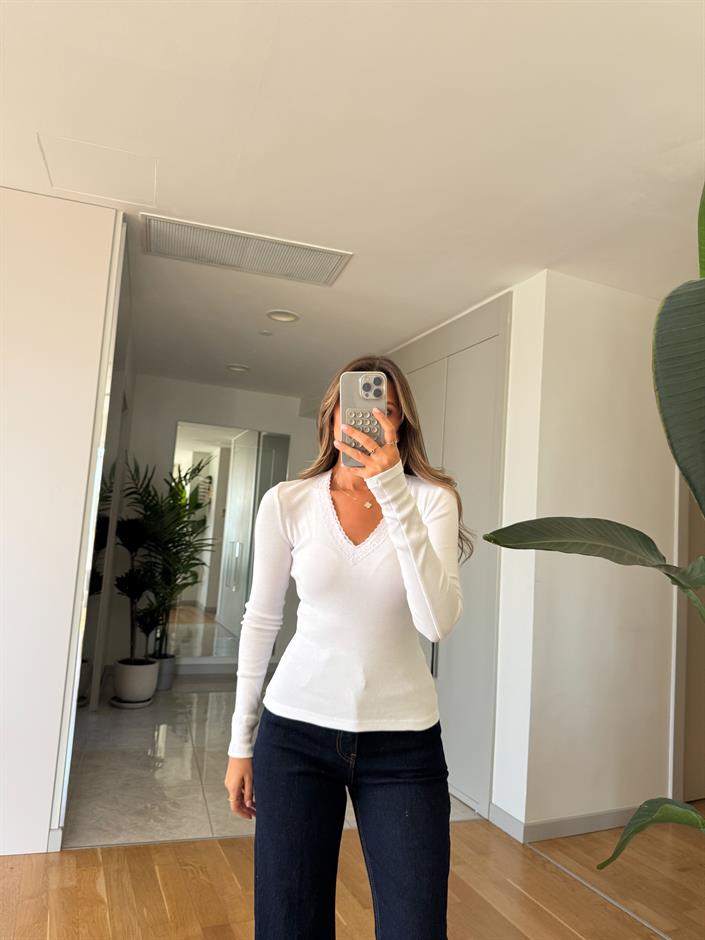 Yakası Dantelli Basic Badi - Beyaz