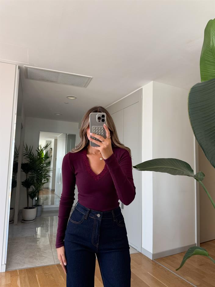 Yakası Dantelli Basic Badi - Mürdüm