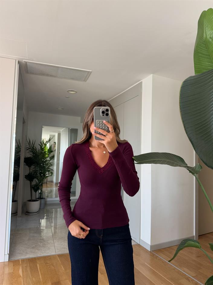 Yakası Dantelli Basic Badi - Mürdüm