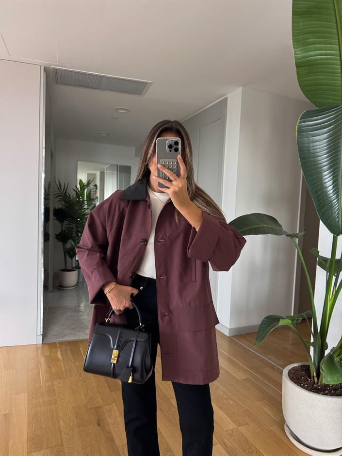 Yakası Deri Detaylı Oversize Trençkot - Gül Kurusu  