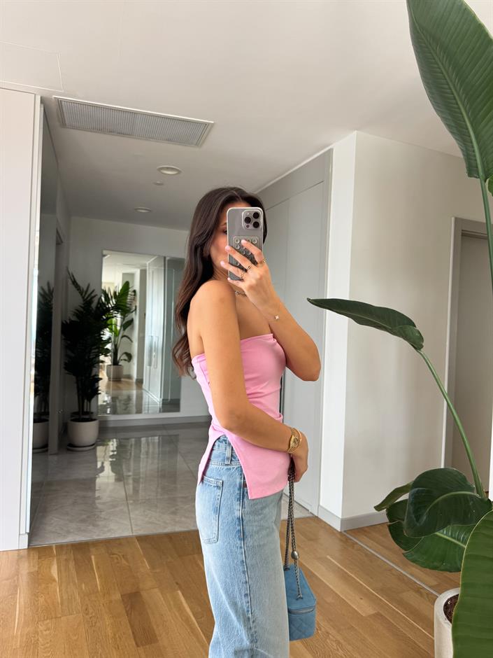 Yanları Yırtmaçlı Straplez Bluz- Pembe