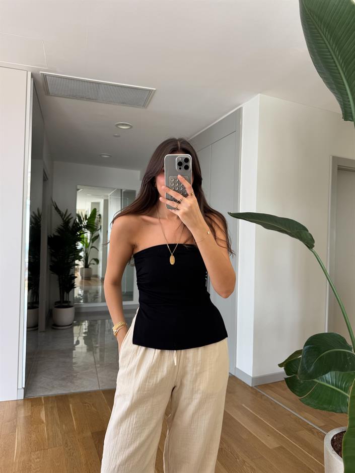 Yanları Yırtmaçlı Straplez Bluz- Siyah