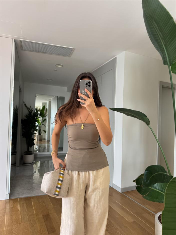 Yanları Yırtmaçlı Straplez Bluz- Vizon