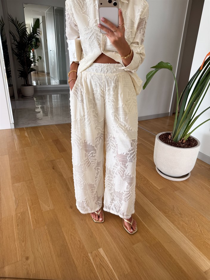 Yaprak Kabartmalı Pantolon Takım - Naturel
