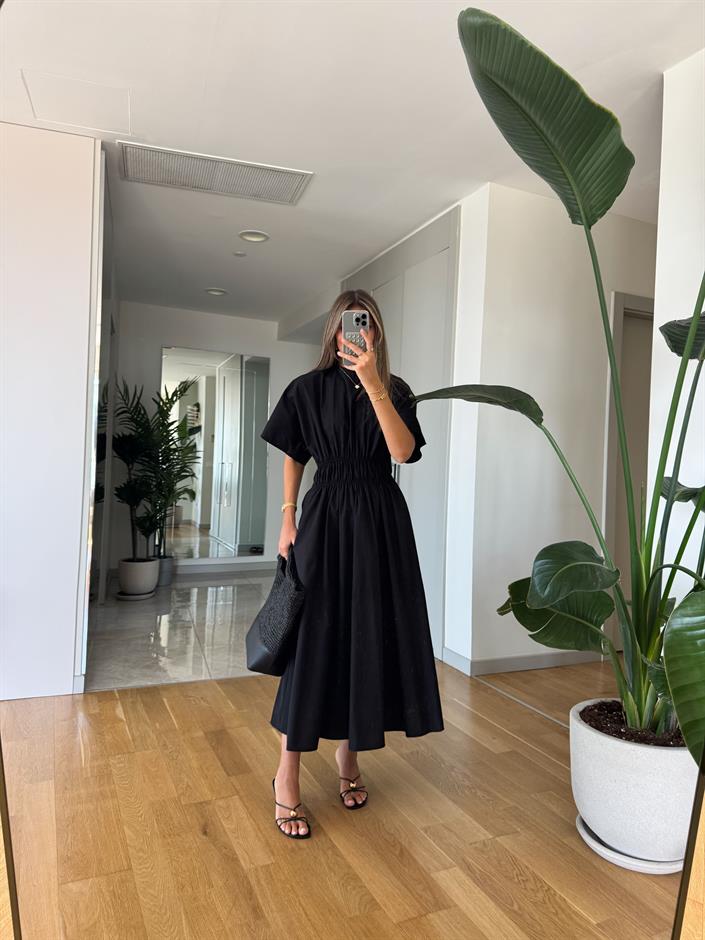 Yarasa Kol Beli Lastik Detaylı Midi Elbise - Siyah