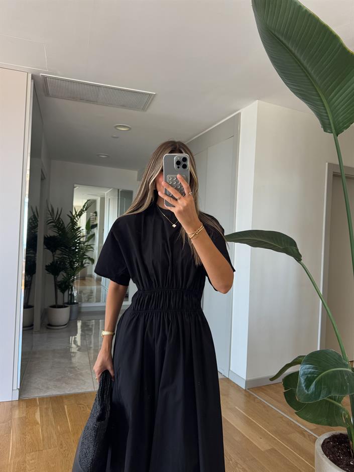 Yarasa Kol Beli Lastik Detaylı Midi Elbise - Siyah