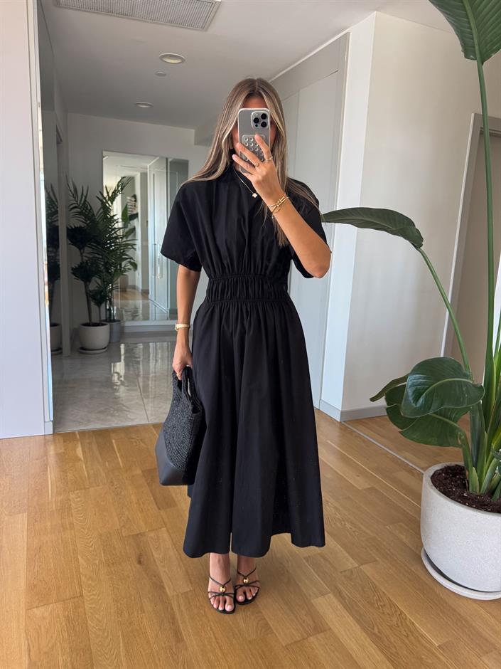 Yarasa Kol Beli Lastik Detaylı Midi Elbise - Siyah