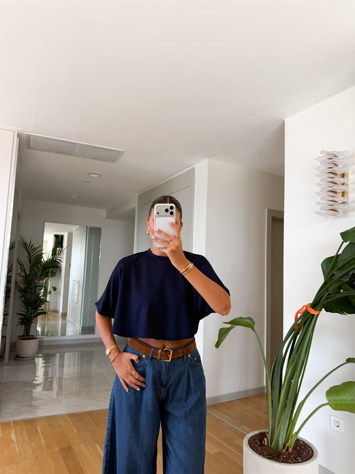 Yarasa Kol Crop Bluz - Lacivert
