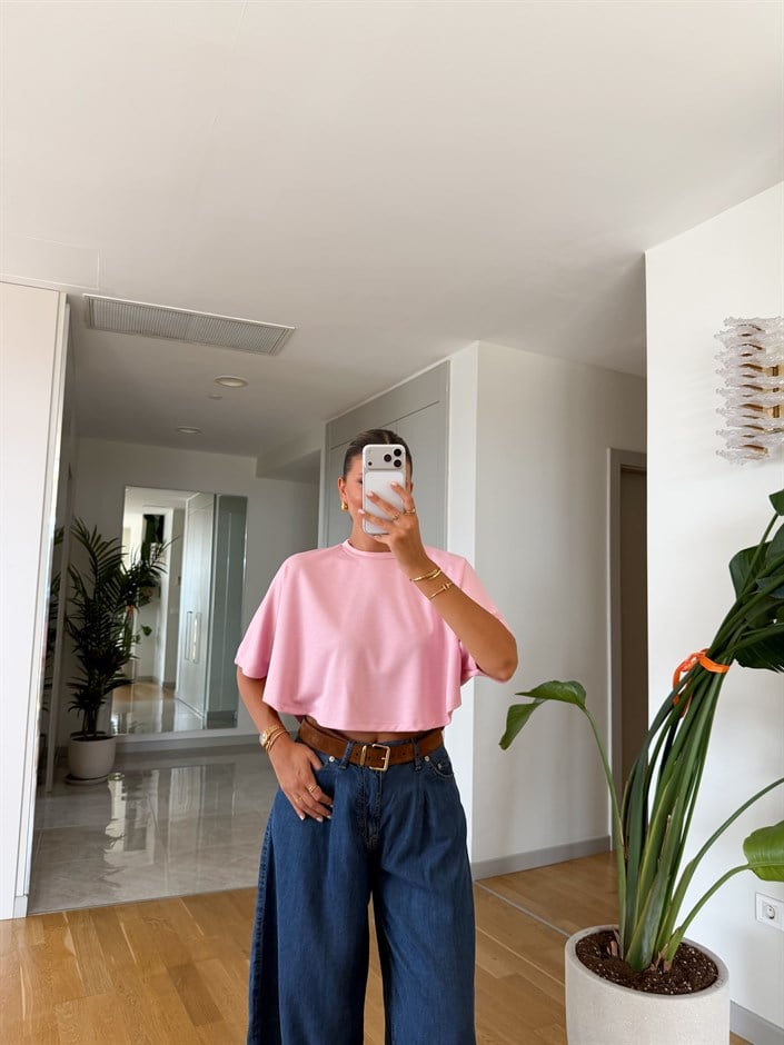 Yarasa Kol Crop Bluz - Pembe