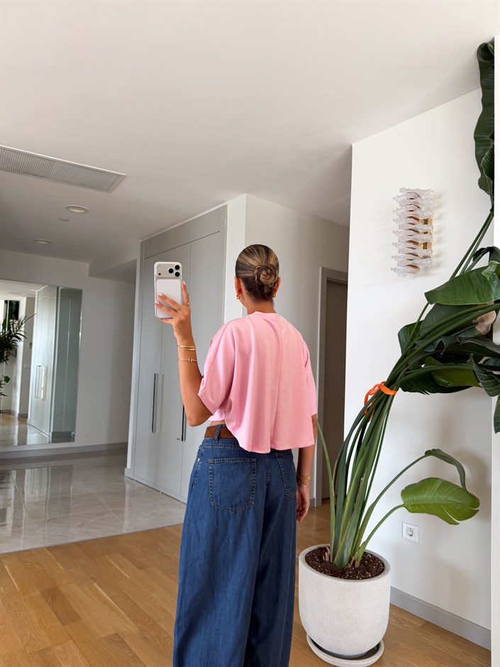 Yarasa Kol Crop Bluz - Pembe