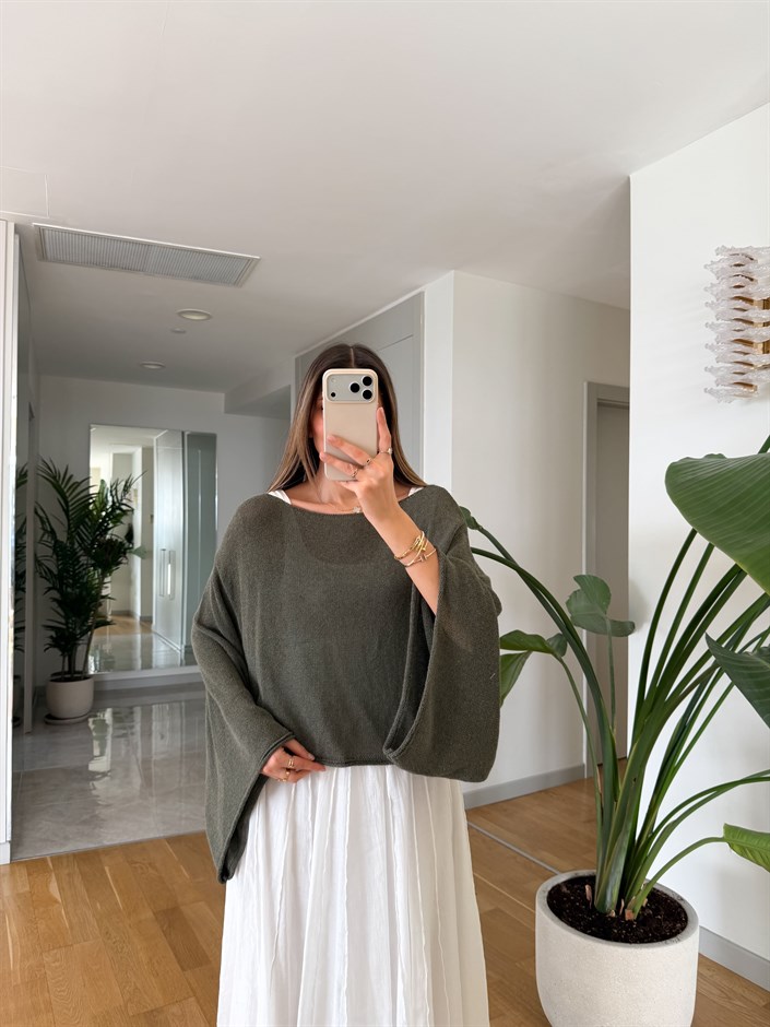 Yarasa Kol Merserize Triko - Haki 