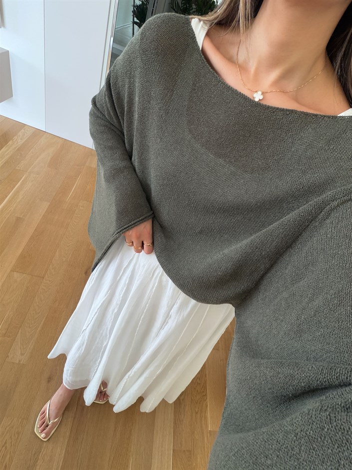 Yarasa Kol Merserize Triko - Haki 