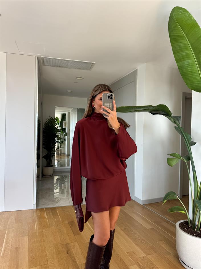 Yarasa Kol Mini Saten Elbise - Bordo