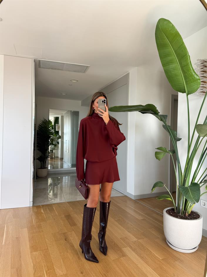 Yarasa Kol Mini Saten Elbise - Bordo