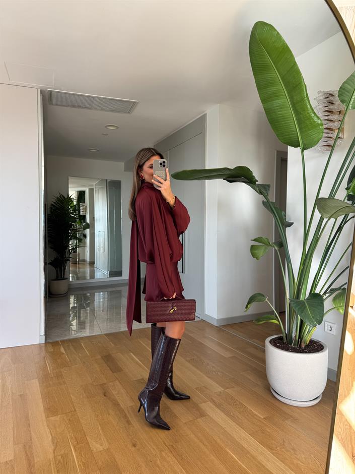 Yarasa Kol Mini Saten Elbise - Bordo